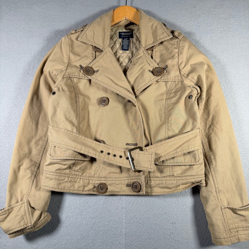 Vintage American Eagle Women Khaki Cropped Trench Jacket Belted Quilted Small